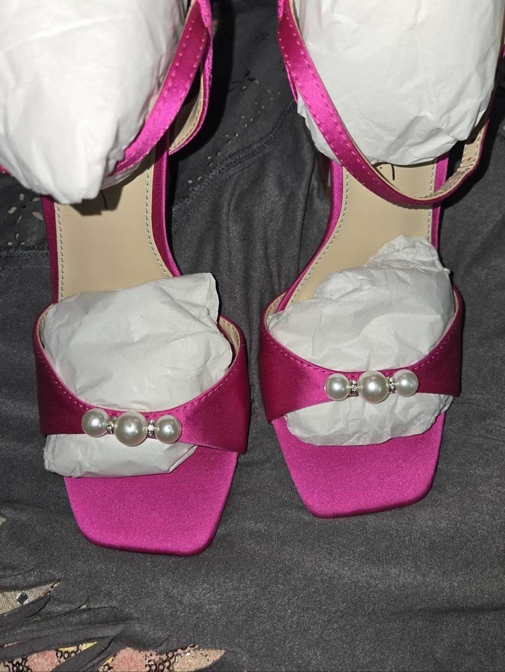 Betsey Johnson Hot Pink Pearl-Accent Satin Open Toe Heels